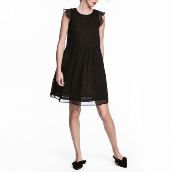 H&M Sleeveless Black Mesh Polka Dot Ruffle Sleeve Mini Dress Chic Size 2 Small - Picture 1 of 10